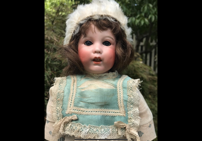 Size 4 SFBJ 251 in factory original linen chemise with silk accents. Lovely brunette human hair wig with pate, blue eyes, open mouth with treble tongue. Antique aqua wool socks and antique mohair hat. A lovely petite sized French girl ~$1095 postage paid
