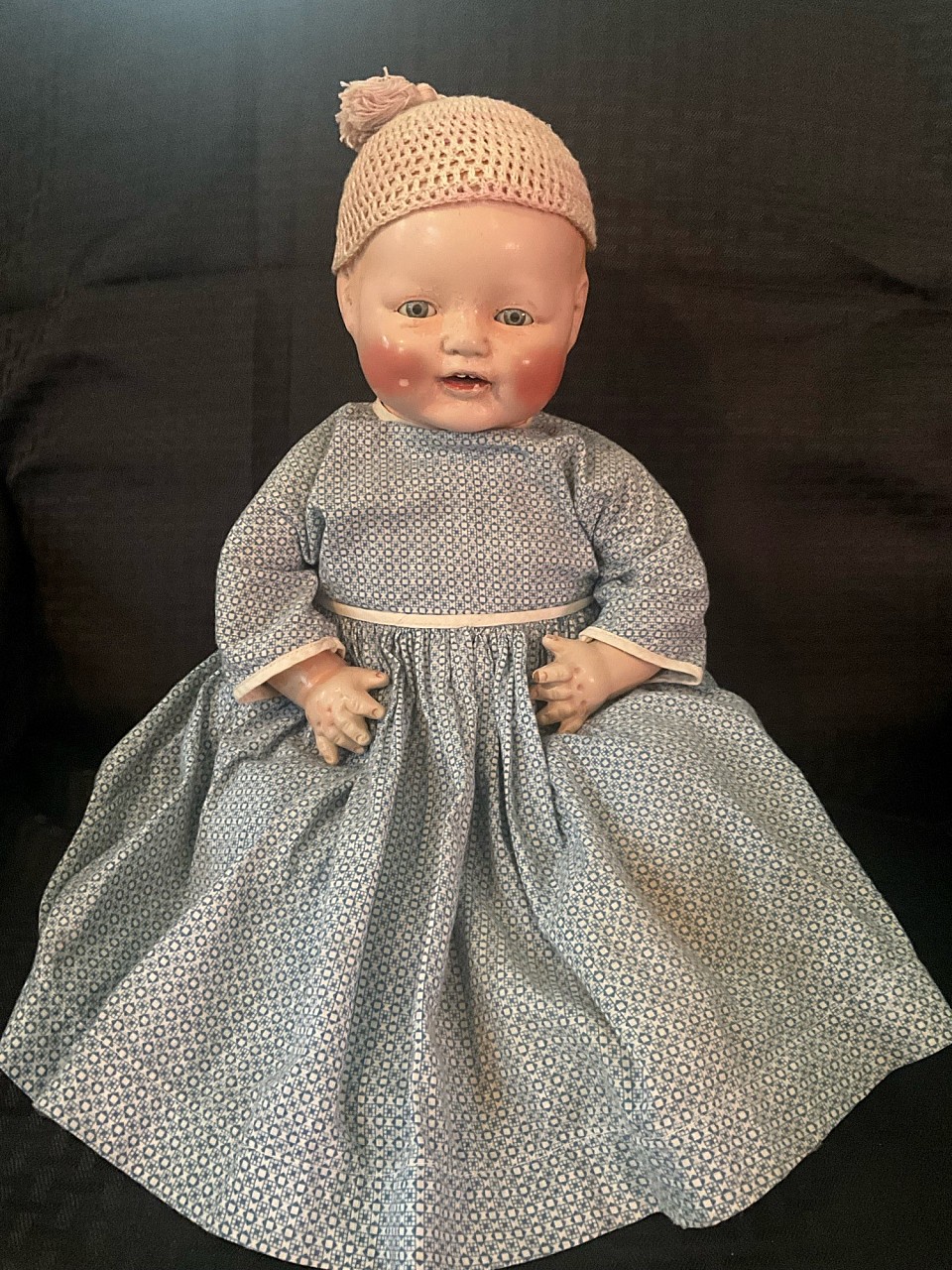 19” Horsman composition Baby Dimples. Adorable baby boy wears early blue dress with matching pantaloons, booties and precious antique cap with tassel. You are buying for his charm, not condition. ~ $50