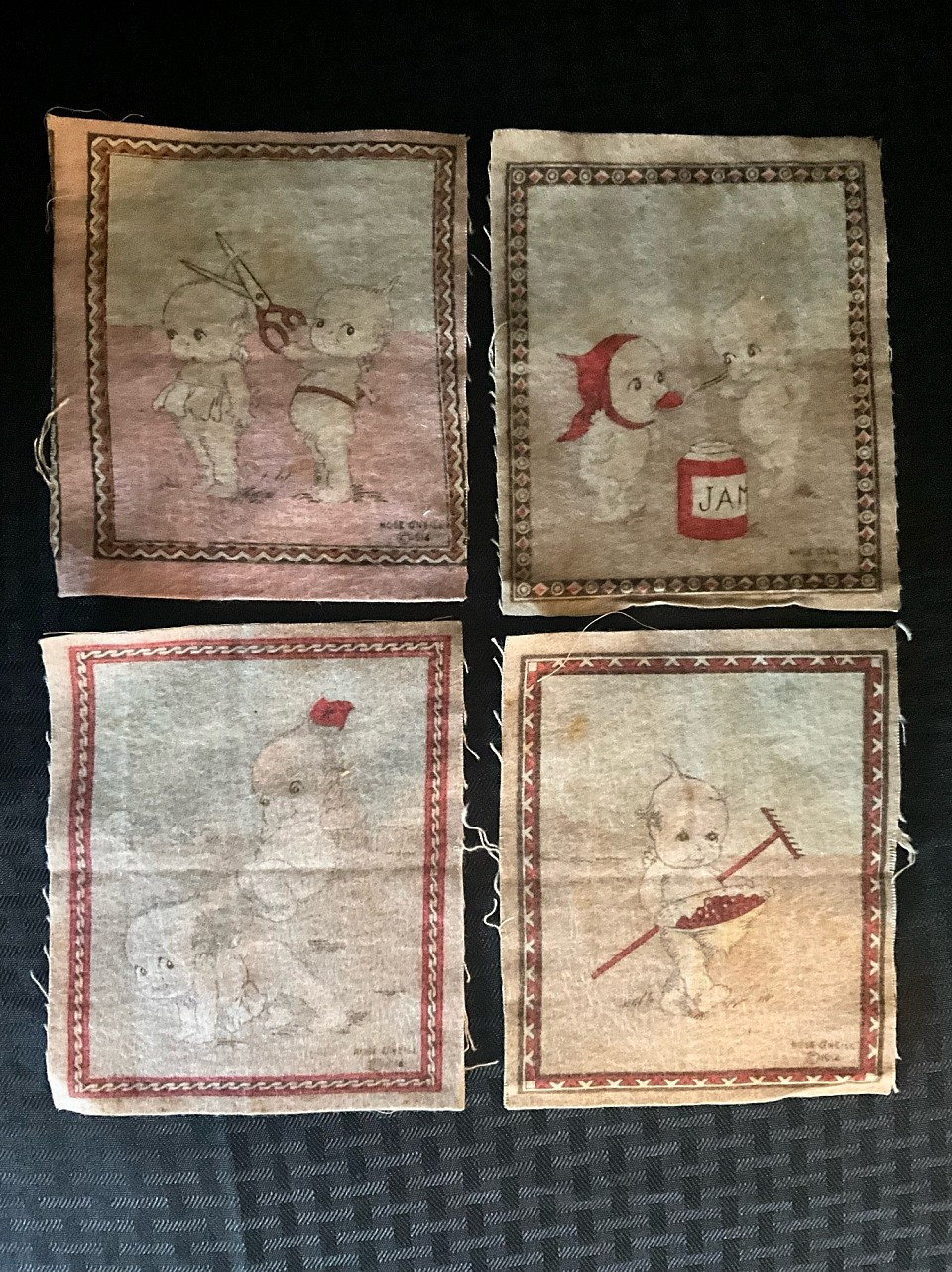 Set of 4 Rose O’ Neill 1914  soft flannels 6”x5” Darling images of kewpies in action! ~ $65 postage paid