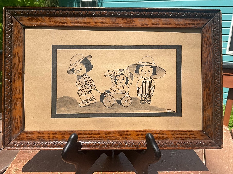 Charming ink and watercolor drawing of Campbell soup style children in original frame without glass. 11 1/2” x 7 1/2” signed Ellis. Circa 1920 ~ $ 40 contact me for a shipping quote
