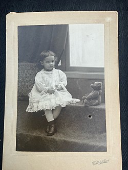 cabinet card girl w Steiff bear $35 postage paid