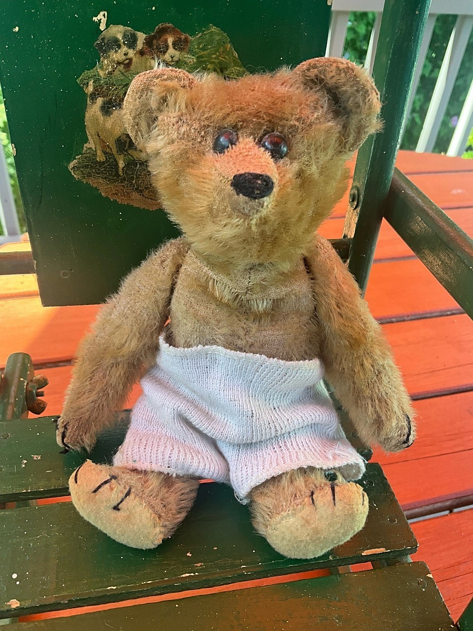 Early 8” bear with boot button eyes wearing sweet printed cotton dress and wool undies.