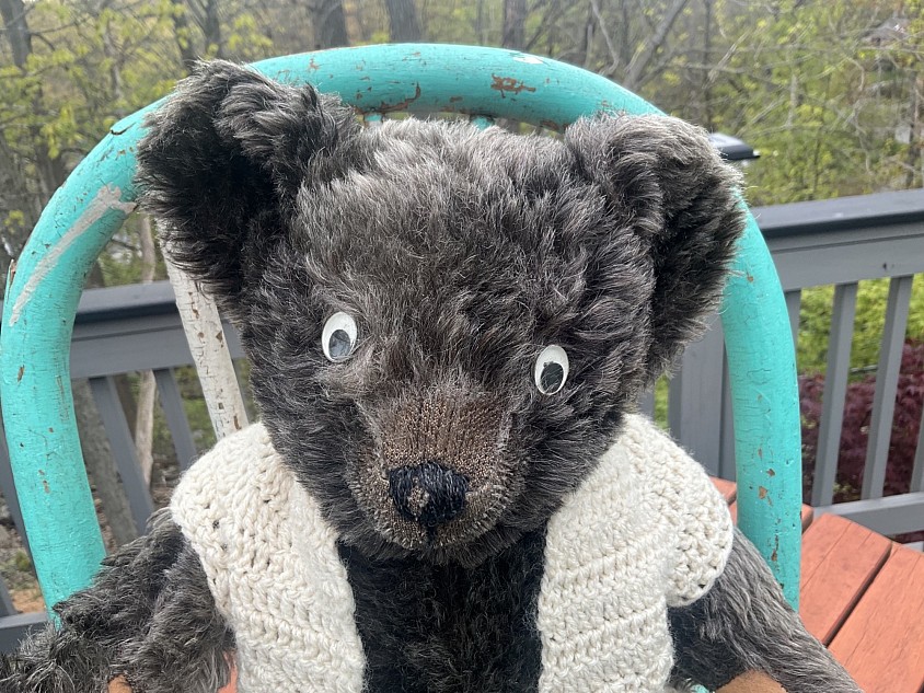17” Black frosted thick , wavy mohair googly eyed bear. Entirely kapok stuffed making him SO huggable. FABULOUS original working googly eyes, black nose and mouth floss. Original felt paw pads are in excellent condition. Mohair has fading in some areas but still quite dark for his age.   One leg disc has been repaired and left outside of the fabric. Ted comes wearing a vintage sweater vest of the same time period. Circa 1930’s. What a character! ~ $ 175 postage paid within the US International buyers please contact me for your shipping quote.
