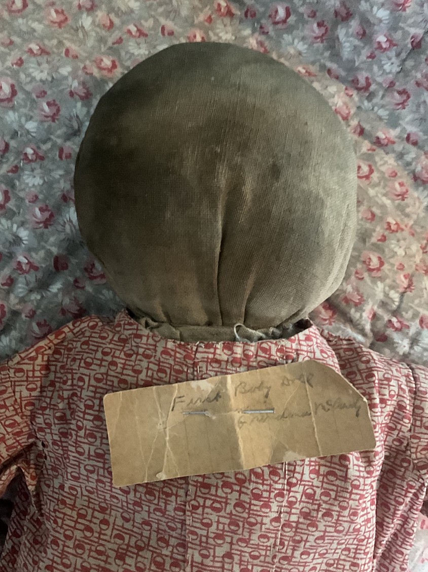 17” early rag doll with pencil drawn face and hair. Original dress with pencil written note pinned on that reads : “ first babydoll Grandma M Cardy”. ~ $125 postage paid within the US  International postage to be determined